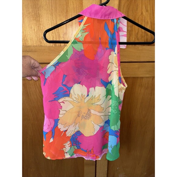 SHEIN Blouse Adult M Floral Colorful SemiSheer Shirt Women Buttons Sleeveless - Picture 11 of 12